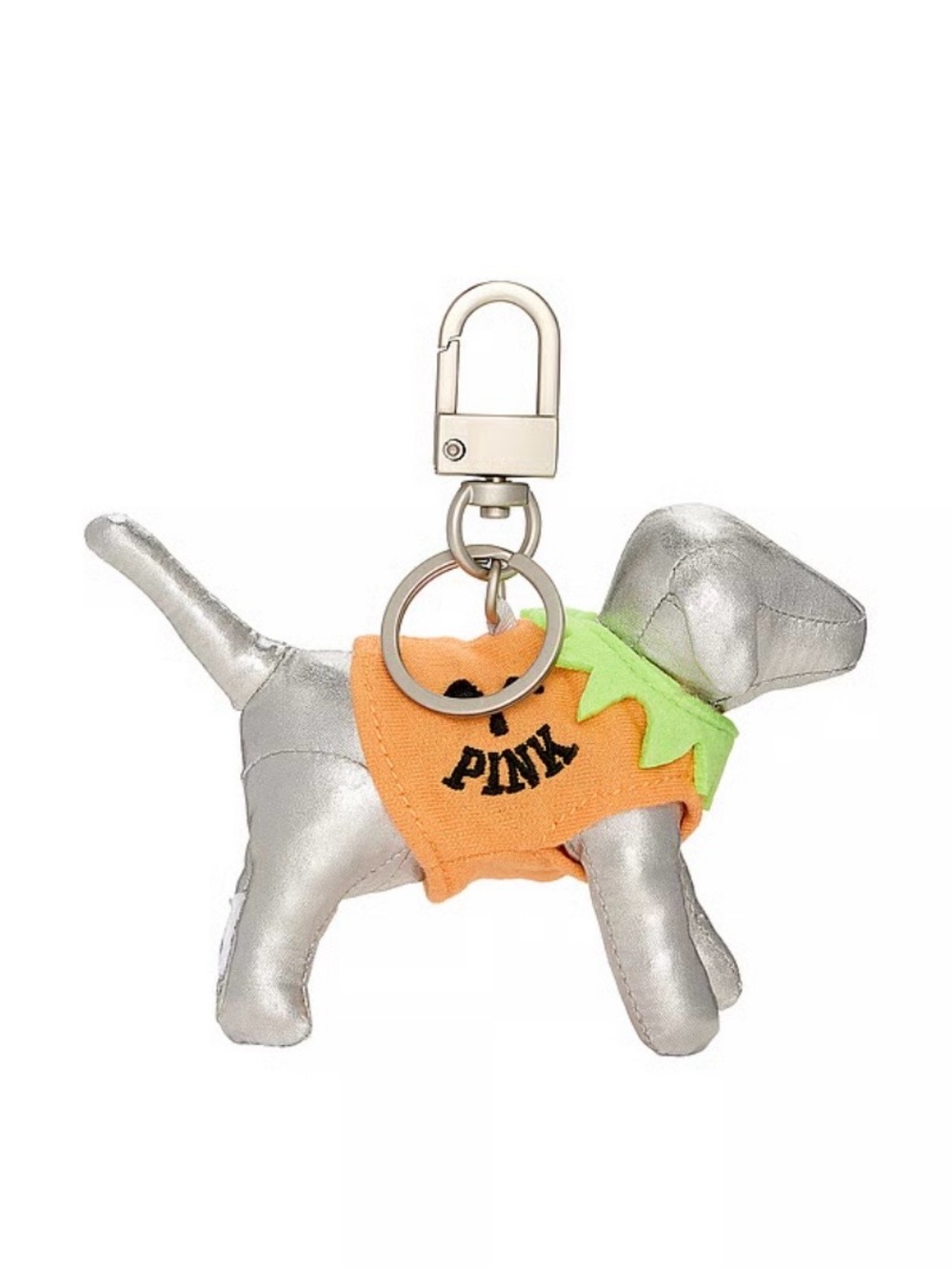 PINK Victoria's Secret Silver Dog Keychain with Orange & Lime Sweater Charm